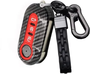 SANRILY ABS Carbon Fiber Texture Flip Key Fob Cover for Fiat 500 500c 500l 500x Keyless Full Protection Silicone Key Case with Kwychain Red