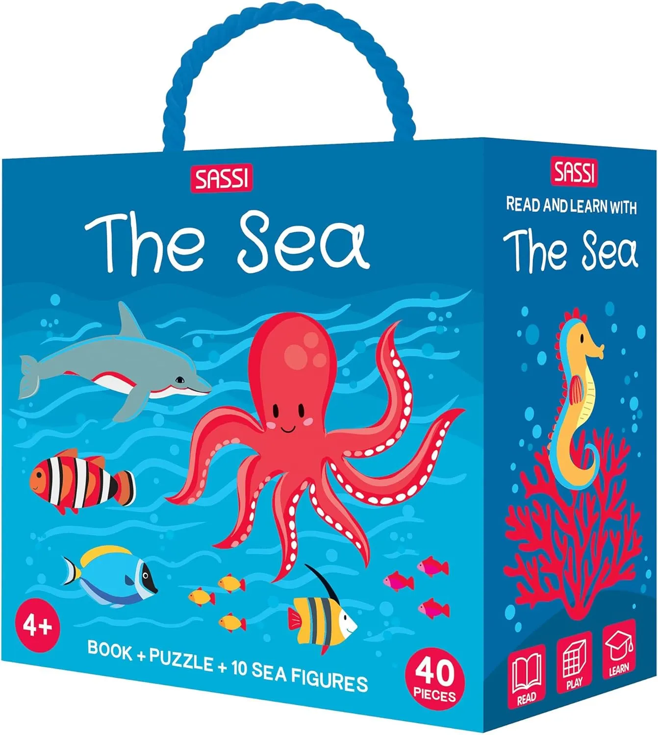Sassi: Q-Box - The Sea - Read-Play-Learn Underwater Set, 40pc Puzzle, Booklet, 10 Ocean Figures, Storage Box, Interactive Educational Fun, Kids 4 