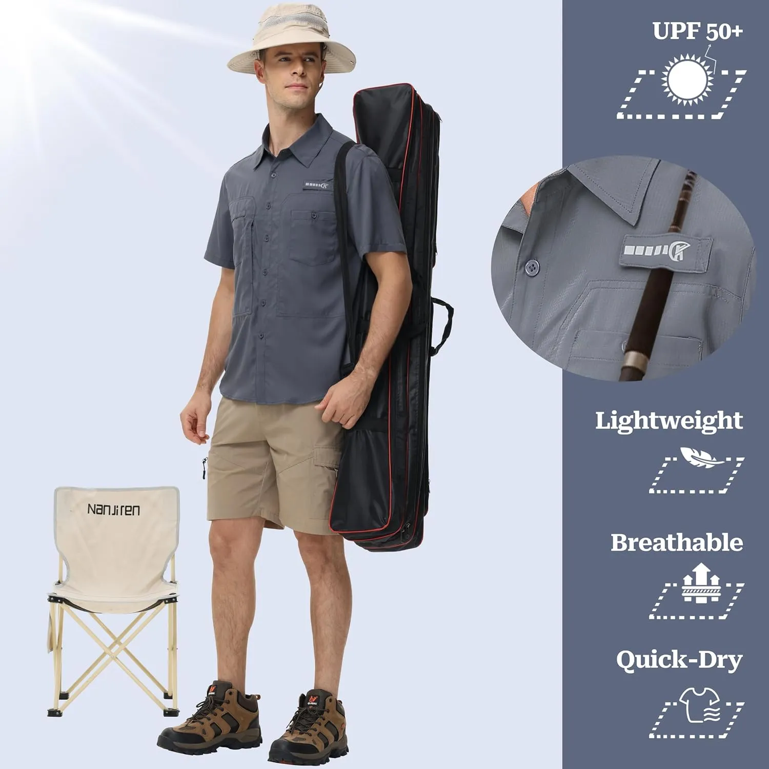 Satankud Men's Short Sleeve Lightweight Fishing Shirt UPF 50  Sun Protection Hiking Travel Work Button Down Shirt Zip Pocket
