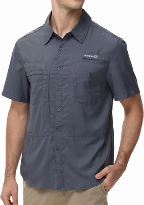 Satankud Men's Short Sleeve Lightweight Fishing Shirt UPF 50  Sun Protection Hiking Travel Work Button Down Shirt Zip Pocket