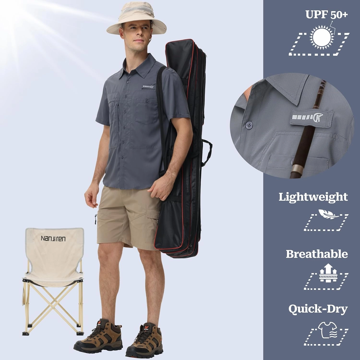 Satankud Men's Short Sleeve Lightweight Fishing Shirt UPF 50  Sun Protection Hiking Travel Work Button Down Shirt Zip Pocket