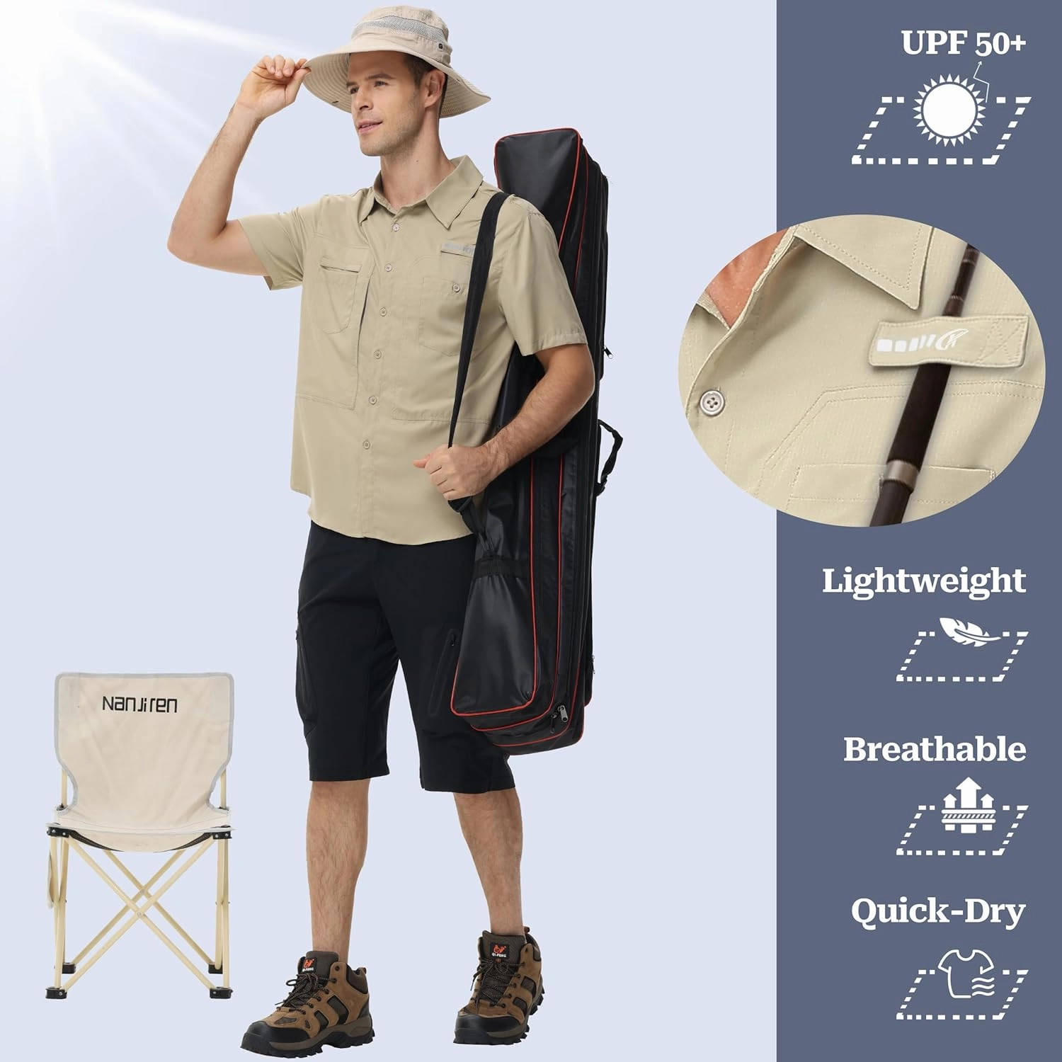 Satankud Men's Short Sleeve Lightweight Fishing Shirt UPF 50  Sun Protection Hiking Travel Work Button Down Shirt Zip Pocket