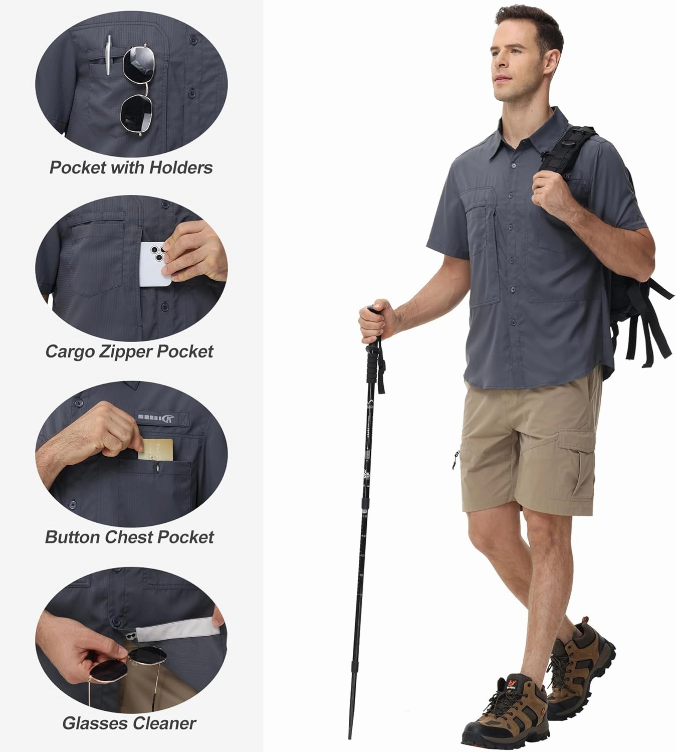 Satankud Men's Short Sleeve Lightweight Fishing Shirt UPF 50  Sun Protection Hiking Travel Work Button Down Shirt Zip Pocket
