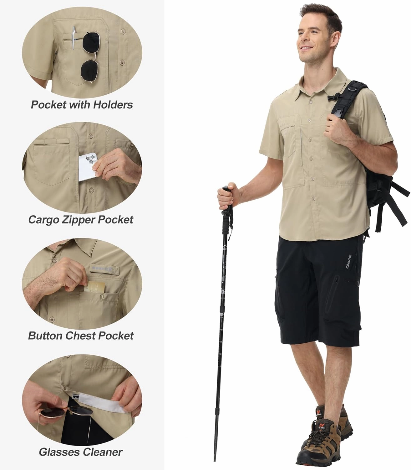 Satankud Men's Short Sleeve Lightweight Fishing Shirt UPF 50  Sun Protection Hiking Travel Work Button Down Shirt Zip Pocket