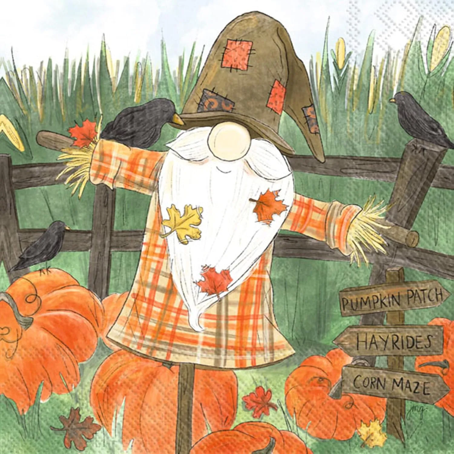 Scarecrow Gnome Party Cocktail Napkins - 40 Count | 2 Packages of 20CT | Pumpkin Patch, Crows, and Corn Maze Design | 5x5-inch Folded Size | 3-Ply, Non-Toxic, Water-Soluble Dyes | Printed in Germany