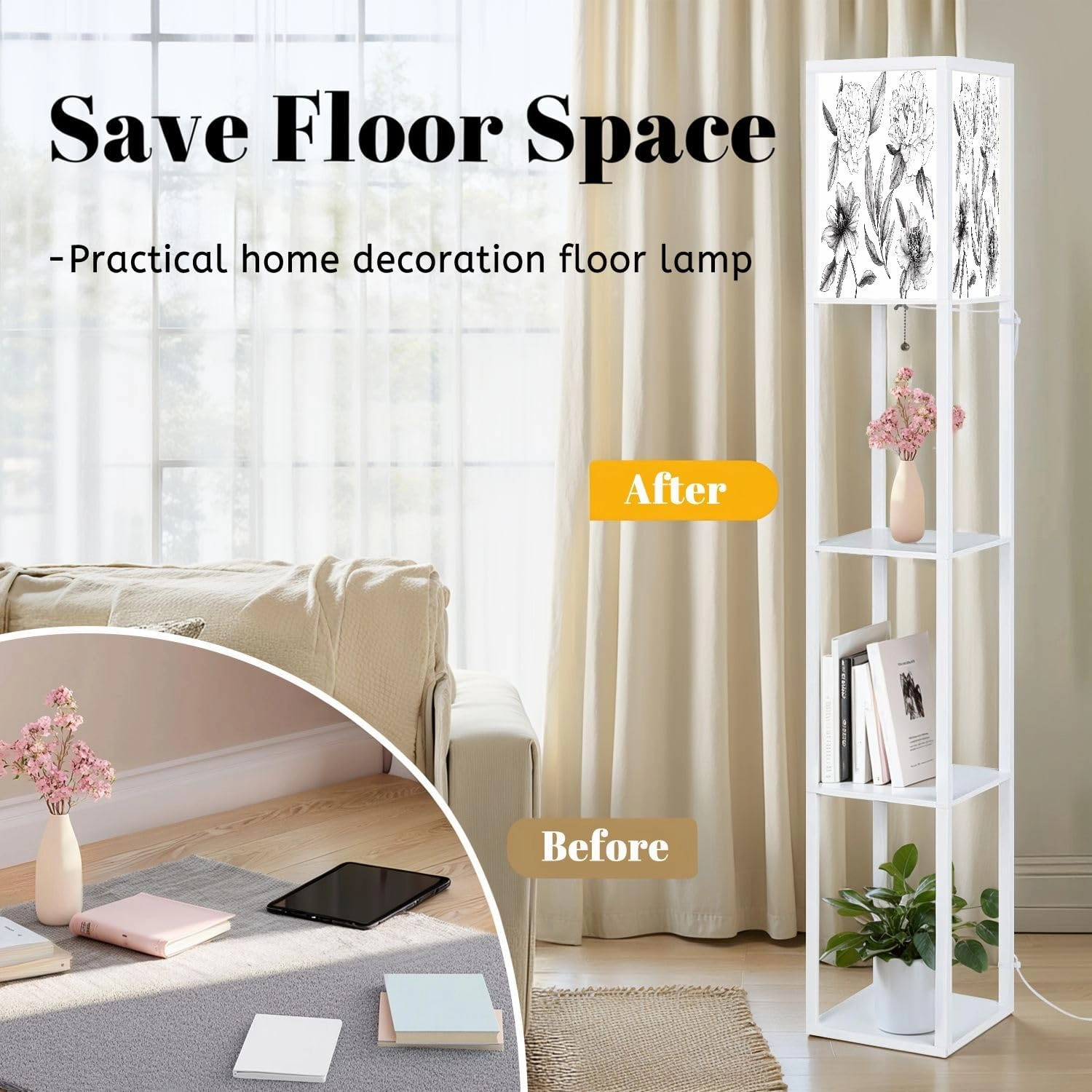 Set Hand Drawn Peonies Leaves Black White Sketch Style Floor Lamps with Shelves, Modern Standing Lamp Narrow Corner Display Bookshelf Lamp for Living Room, Bedroom, Office Decor