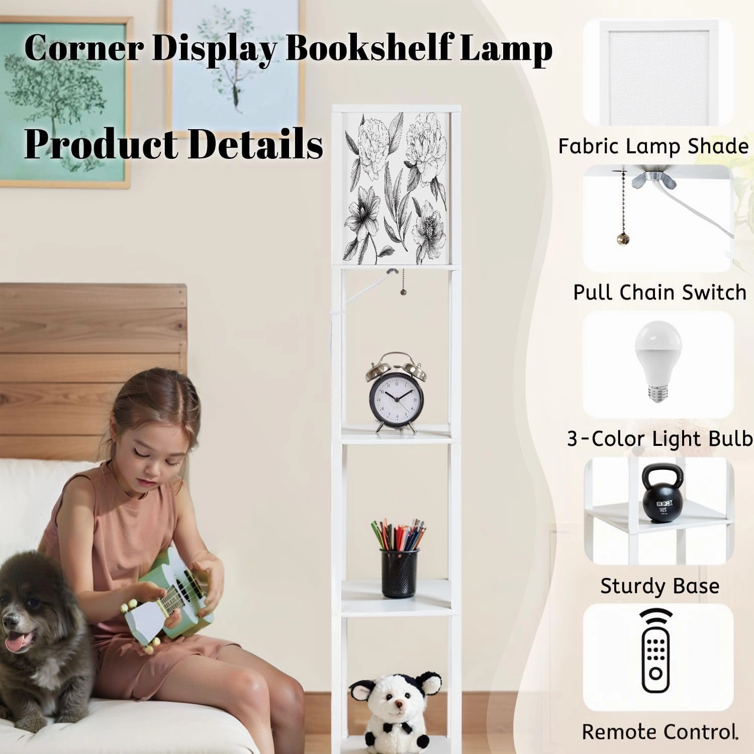 Set Hand Drawn Peonies Leaves Black White Sketch Style Floor Lamps with Shelves, Modern Standing Lamp Narrow Corner Display Bookshelf Lamp for Living Room, Bedroom, Office Decor