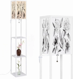 Set Hand Drawn Peonies Leaves Black White Sketch Style Floor Lamps with Shelves, Modern Standing Lamp Narrow Corner Display Bookshelf Lamp for Living Room, Bedroom, Office Decor