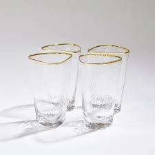 Set of 4 Hammered High Ball Glasses with Gold Rim