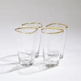 Set of 4 Hammered High Ball Glasses with Gold Rim