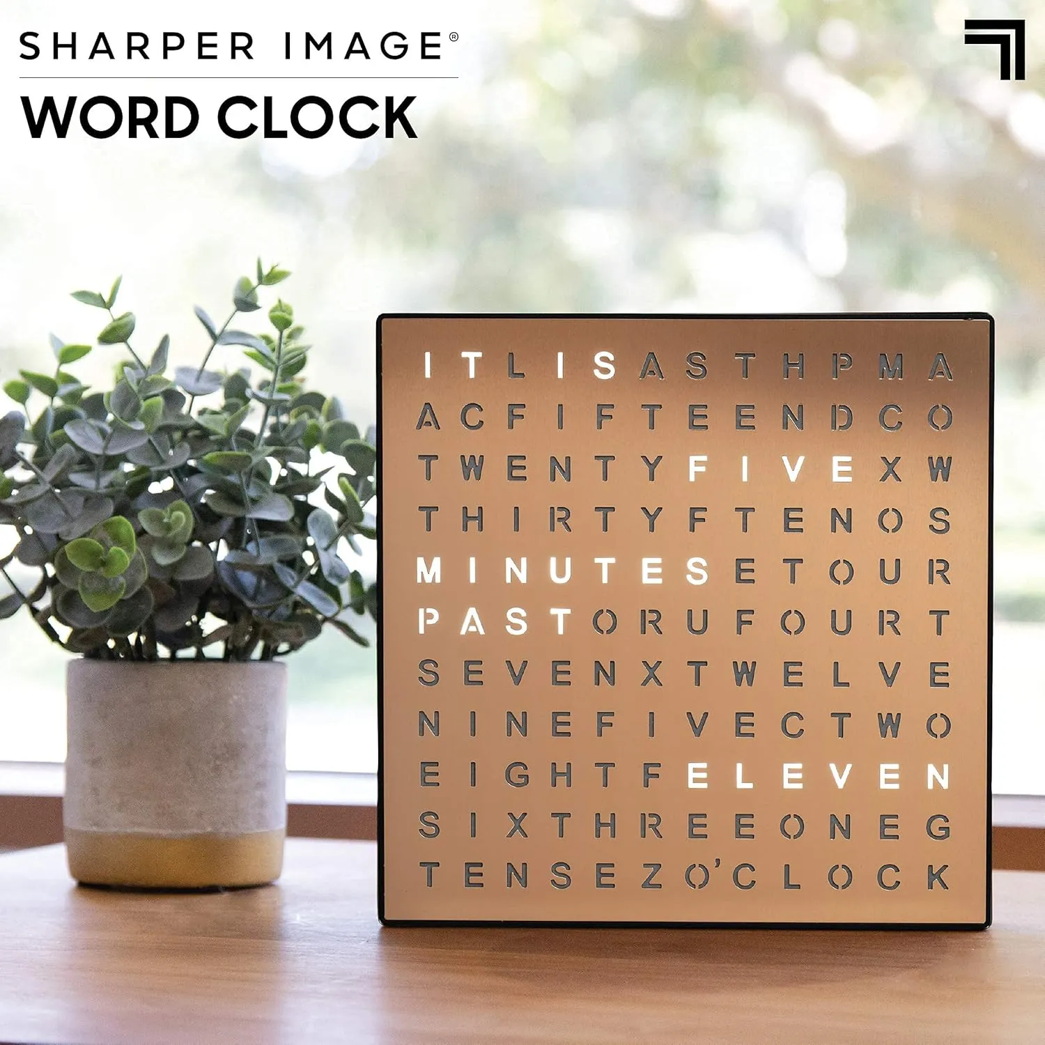 Sharper Image® LED Light-Up Word Clock, 7.75" Modern Design, Electronic Accent Wall or Desk Clock, USB Cord & Power Adapter, Unique Contemporary Home & Office Decor, Easy Setup, Housewarming Gift