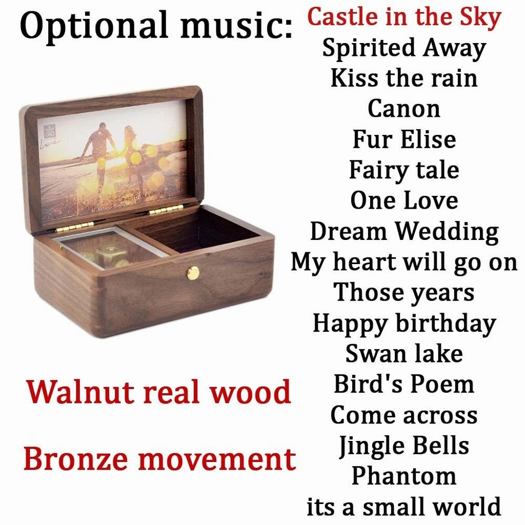 Sinzyo Handmade Wooden Photo Frame My Heart Will Go on Walnut Music Box Birthday Gift for Christmas/Valentine's Day Gift Boxs