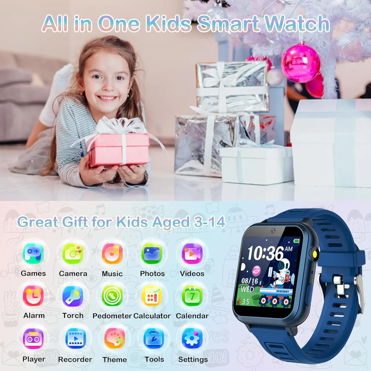 Smart Watch for Kids with 24 Games Kids Watches Touch Screen Music Player Camera Alarm Clock Calculator Flashlight Stopwatch 12/24 hr Toys for Boys Gift for Kids 3-12 Year Old