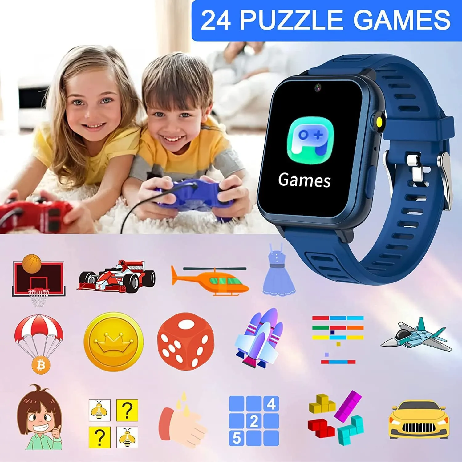 Smart Watch for Kids with 24 Games Kids Watches Touch Screen Music Player Camera Alarm Clock Calculator Flashlight Stopwatch 12/24 hr Toys for Boys Gift for Kids 3-12 Year Old
