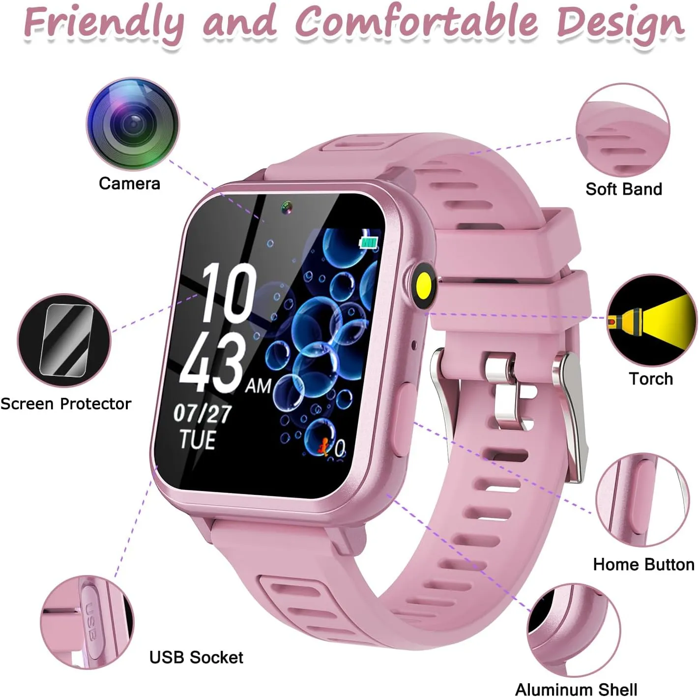 Smart Watch for Kids with 36 Games HD Touch Touchscreen Alarm Clock, Camera Music Player Pedometer Flashlight 12/24 hr Video & Audio Recording, Toys Gift for 3-12 Years Old Girls