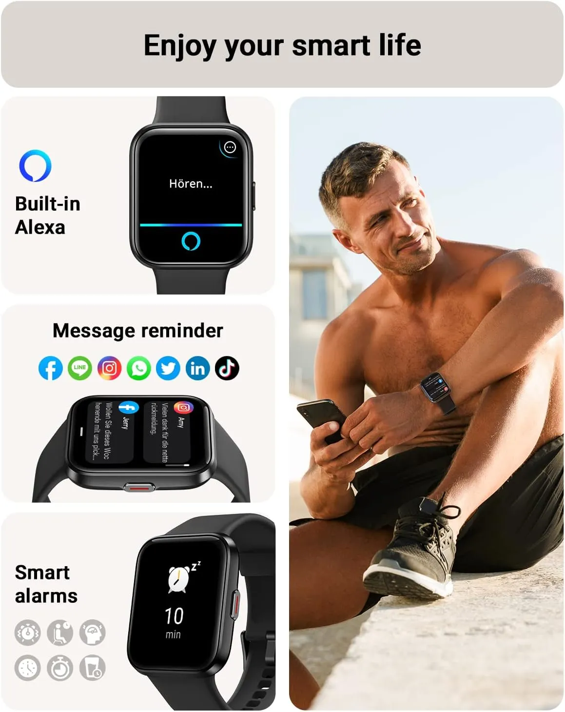 Smart Watch for Men Android & iPhone, Alexa Built-in, 1.8" Touch Screen Fitness Tracker with Answer/Make Calls, IP68 Waterproof Heart Rate/Sleep/SpO2 Monitor, Pedometer, 100  Sport Modes