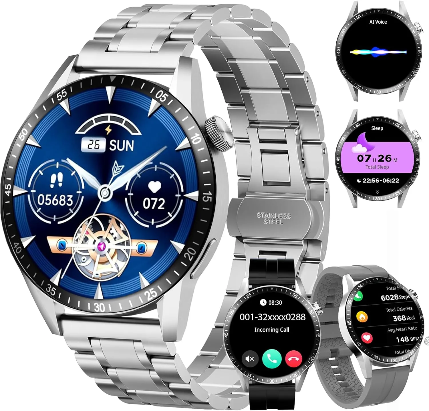 Smart Watch for Men with Answer/Make Calls, 1.39" HD Always Display Fitness Tracker Watch with Waterproof 190 Sports Modes Health Monitor Sleep Monitor for iOS Android (Silver)