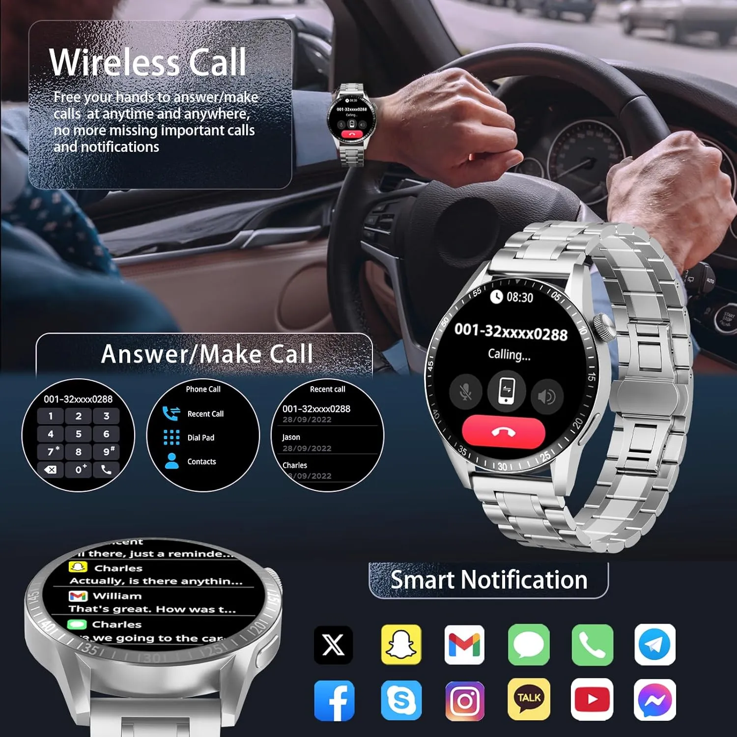 Smart Watch for Men with Answer/Make Calls, 1.39" HD Always Display Fitness Tracker Watch with Waterproof 190 Sports Modes Health Monitor Sleep Monitor for iOS Android (Silver)