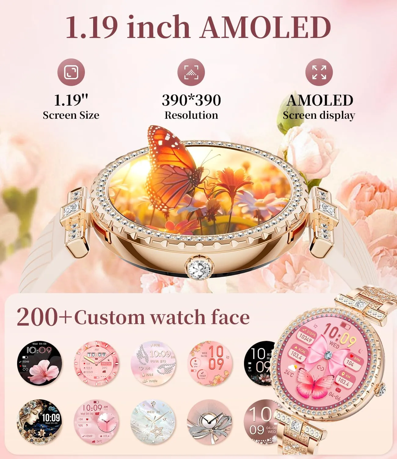 Smart Watches for Women,1.19” AMOLED Smart Watch Women Answer Make Calls,IP68 Waterproof Fitness Tracker,Heart Rate Sleep Monitor,100  Sports Pedometer Watch for Android iOS Phone,Gift,Rose Gold