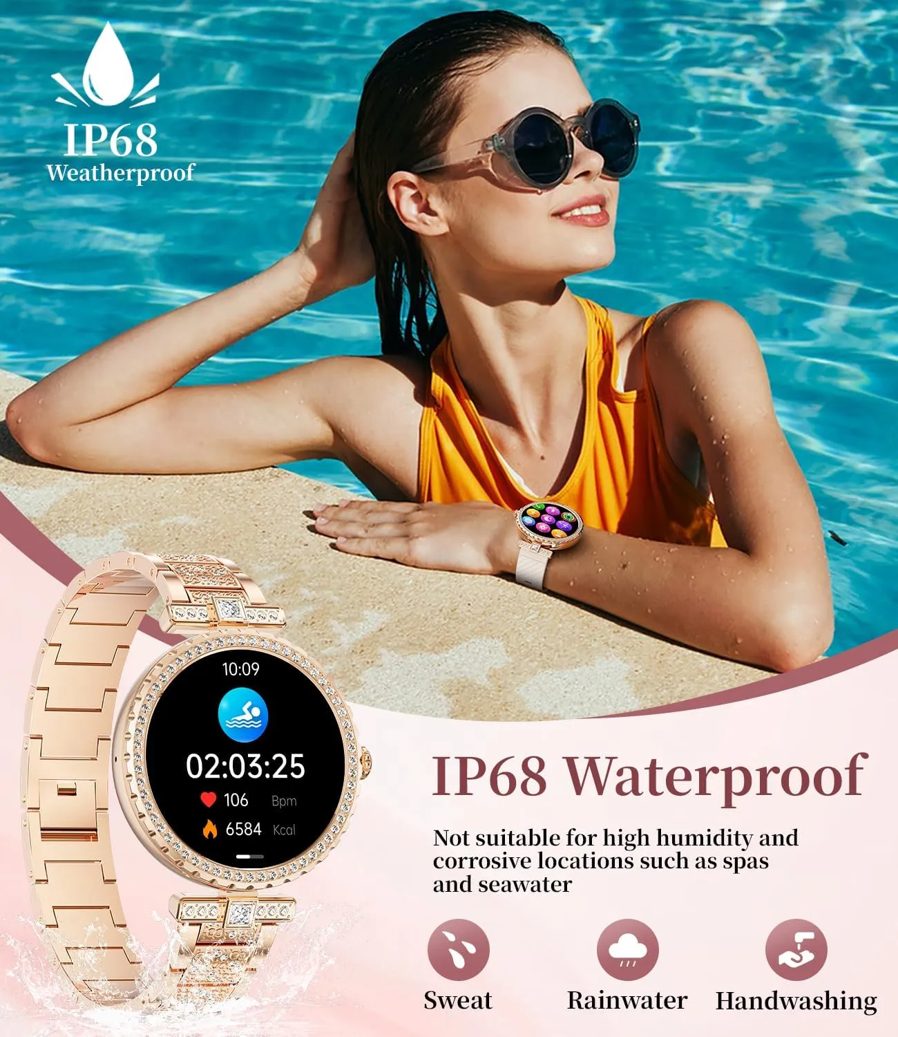 Smart Watches for Women,1.19” AMOLED Smart Watch Women Answer Make Calls,IP68 Waterproof Fitness Tracker,Heart Rate Sleep Monitor,100  Sports Pedometer Watch for Android iOS Phone,Gift,Rose Gold