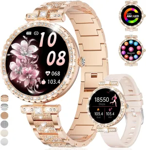 Smart Watches for Women,1.19” AMOLED Smart Watch Women Answer Make Calls,IP68 Waterproof Fitness Tracker,Heart Rate Sleep Monitor,100  Sports Pedometer Watch for Android iOS Phone,Gift,Rose Gold