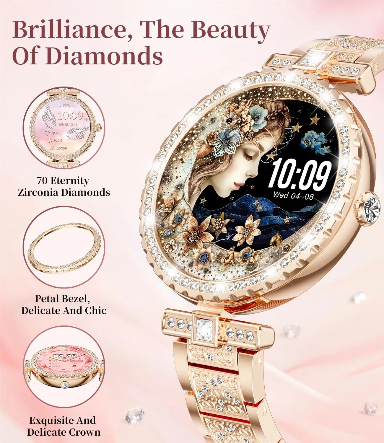 Smart Watches for Women,1.19” AMOLED Smart Watch Women Answer Make Calls,IP68 Waterproof Fitness Tracker,Heart Rate Sleep Monitor,100  Sports Pedometer Watch for Android iOS Phone,Gift,Rose Gold