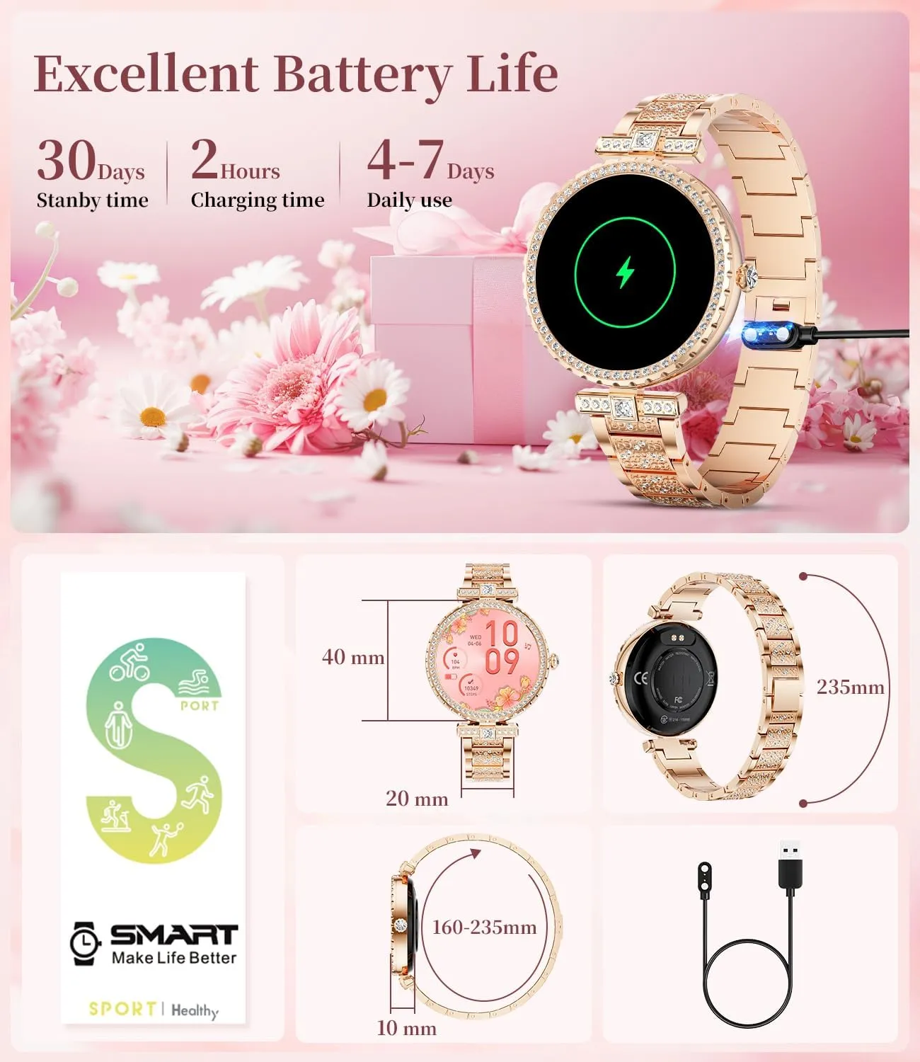 Smart Watches for Women,1.19” AMOLED Smart Watch Women Answer Make Calls,IP68 Waterproof Fitness Tracker,Heart Rate Sleep Monitor,100  Sports Pedometer Watch for Android iOS Phone,Gift,Rose Gold