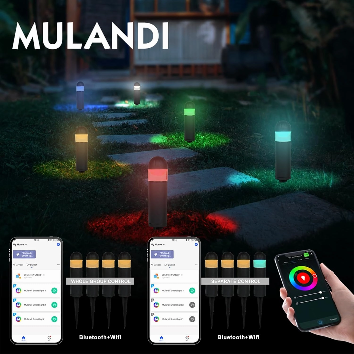 Smart RGB LED Pathway Lights 12V, 2-Pack WiFi & BLE Outdoor Lighting, Die-Cast Aluminum & Glass, IP65 Water-Resistant for Yard Parties/Garden/Driveway