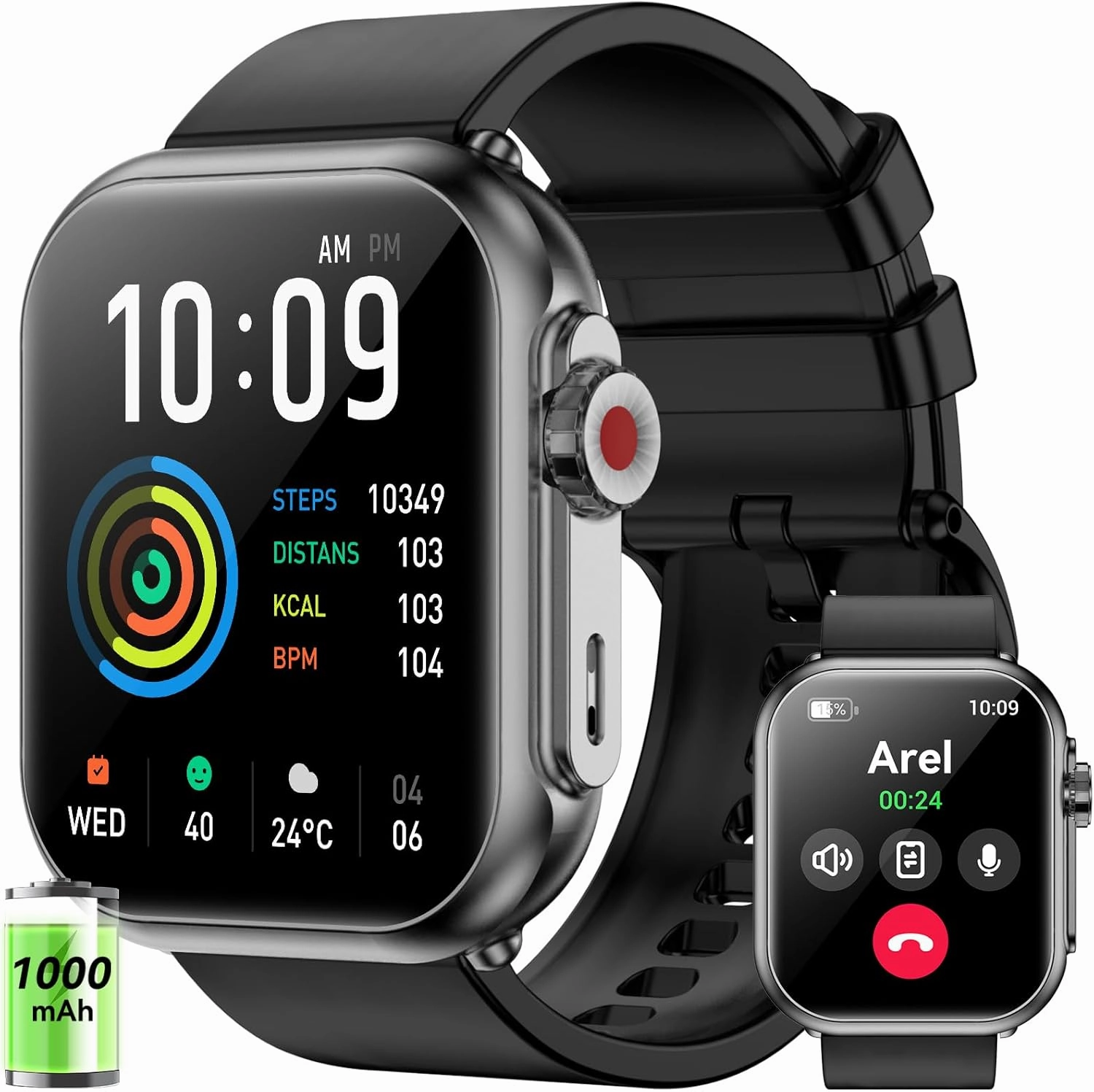 Smart Watch for Men Women, 1000mAh Battery 100-Day Standby Time, 1.85" HD Screen Fitness Tracker, 110  Sport Modes, IP68 Waterproof, Heart Rate/Sleep Monitor, Fitness Watch for Android/iOS(Black)