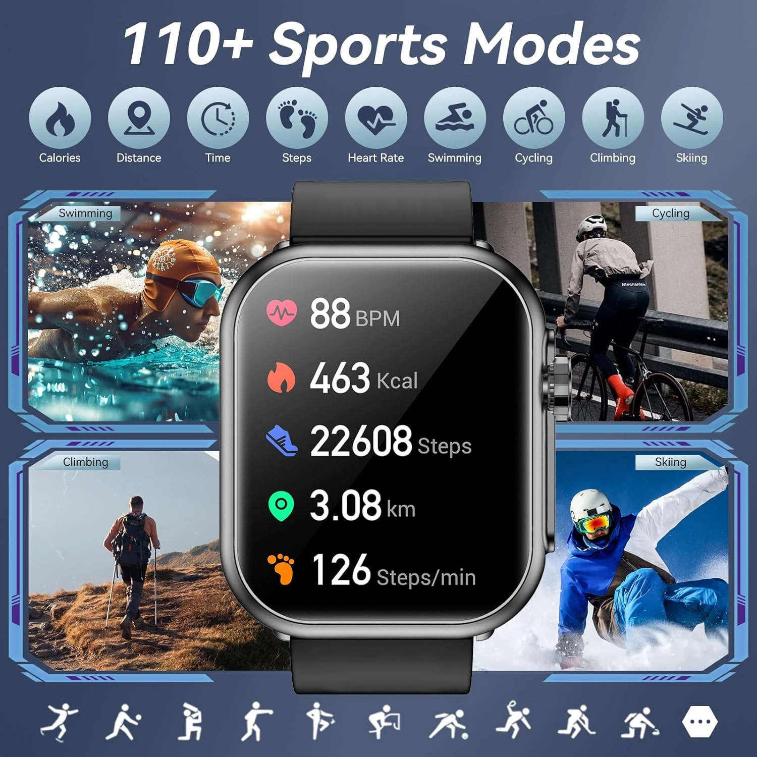 Smart Watch for Men Women, 1000mAh Battery 100-Day Standby Time, 1.85" HD Screen Fitness Tracker, 110  Sport Modes, IP68 Waterproof, Heart Rate/Sleep Monitor, Fitness Watch for Android/iOS(Black)