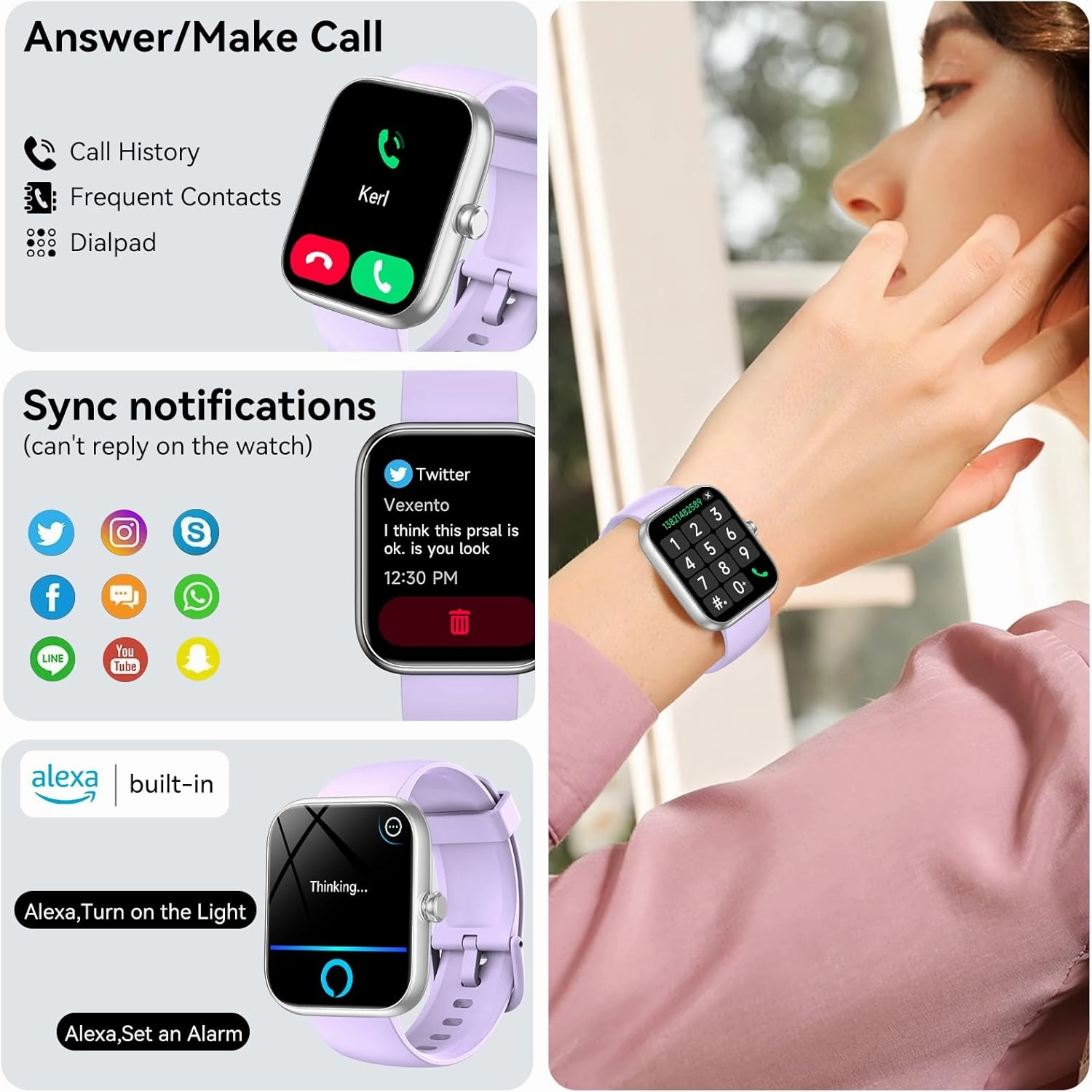 Smart Watch with Alexa Built-in, 1.83" HD Touchscreen, Bluetooth Call/Make Calls, IP68 Waterproof Fitness Tracker with 120  Sport Modes, 24/7 Heart Rate & Sleep Monitor for iOS/Android (Purple)