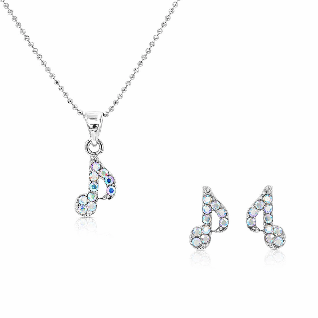 SO SEOUL Musical Note Aurore Boreale Austrian Crystal Pendant Necklace and Stud Earrings Set
