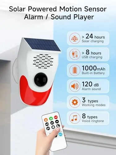 Solar Motion Sensor Alarm Outdoor Indoor, Motion Sensor Noise Maker with 8 Replaceable Recording, ±Volume, Light- Motion Detector Alarm, Motion Activated Deer Bear Intruder Deterrent Devcies