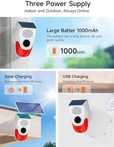 Solar Motion Sensor Alarm Outdoor Indoor, Motion Sensor Noise Maker with 8 Replaceable Recording, ±Volume, Light- Motion Detector Alarm, Motion Activated Deer Bear Intruder Deterrent Devcies