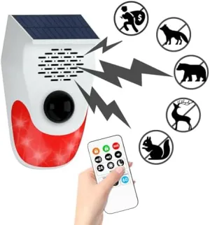 Solar Motion Sensor Alarm Outdoor Indoor, Motion Sensor Noise Maker with 8 Replaceable Recording, ±Volume, Light- Motion Detector Alarm, Motion Activated Deer Bear Intruder Deterrent Devcies
