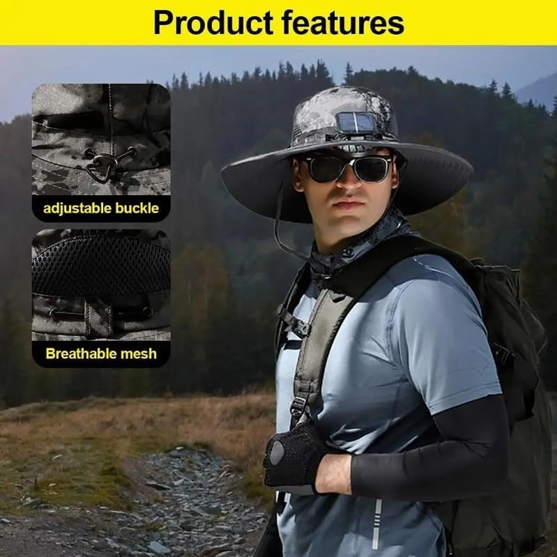 Solar Powered Fishing Hat with Fans – UPF 50  Wide Brim Sun Hat, Cooling – Lightweight, Waterproof for Hiking, Angling
