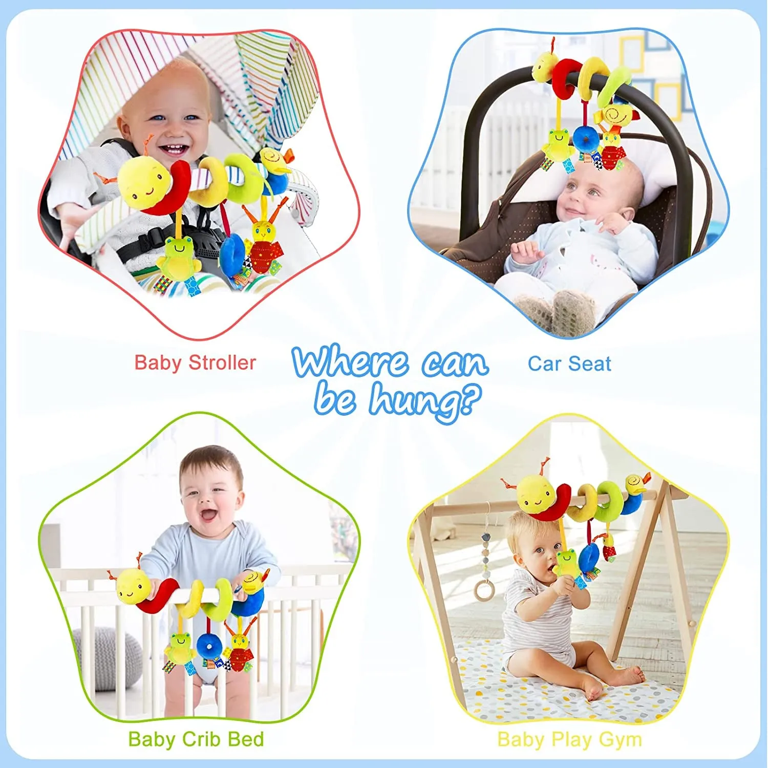 Spiral Car Seat & Stroller Activity Toy - Baby Sensory Toys Soft Hanging Toys for Babies 0-12 Months Boys Girls Carseat Crib Stroller, with Ringing Bell, Music