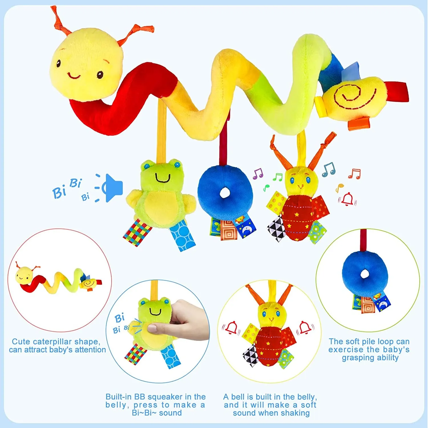 Spiral Car Seat & Stroller Activity Toy - Baby Sensory Toys Soft Hanging Toys for Babies 0-12 Months Boys Girls Carseat Crib Stroller, with Ringing Bell, Music