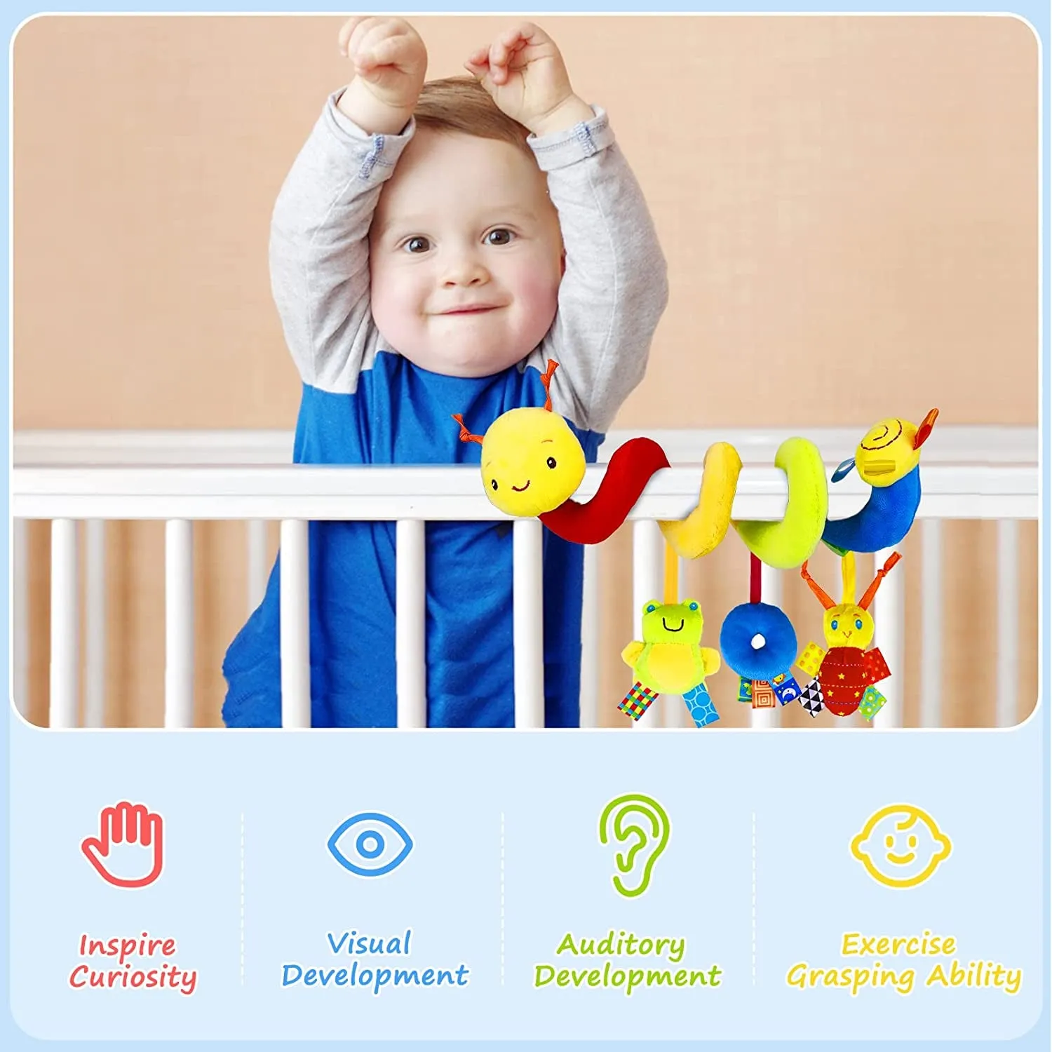 Spiral Car Seat & Stroller Activity Toy - Baby Sensory Toys Soft Hanging Toys for Babies 0-12 Months Boys Girls Carseat Crib Stroller, with Ringing Bell, Music