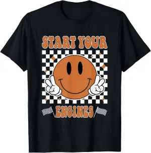 Start Your Engines Checkered Flag Smile Face Race Car Racing T-Shirt