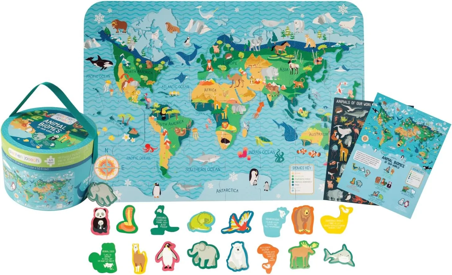 Stephen Joseph, World Map Puzzle Animal Biomes with 3D Animal Pieces – Includes 16 Play Pieces with Fun Facts and Stands, Includes 8.5 x 11 Poster, Jigsaw Puzzle for Girls & Boys 3  Years