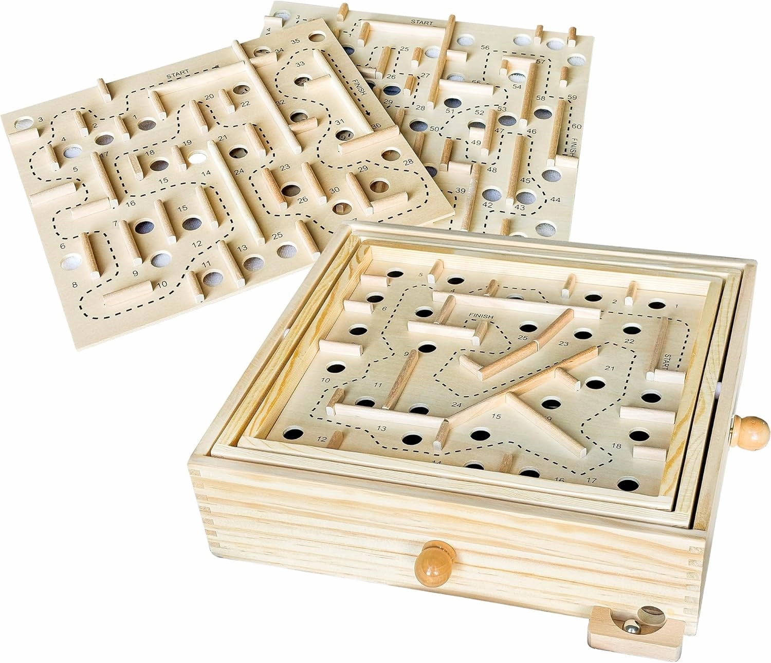 Sterling Games Wooden Labyrinth with 3 Swappable Boards – Classic Maze Game with 60, 36, and 25 Waypoints – Wooden Tilt Puzzle with Knob Control and 3 Steel Marbles for Kids Age 6 