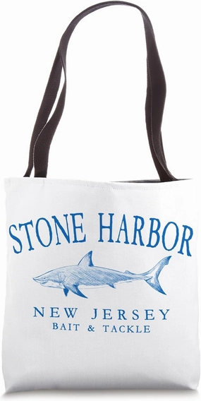 Stone Harbor New Jersey Shark Arched Blue Letters Tote Bag