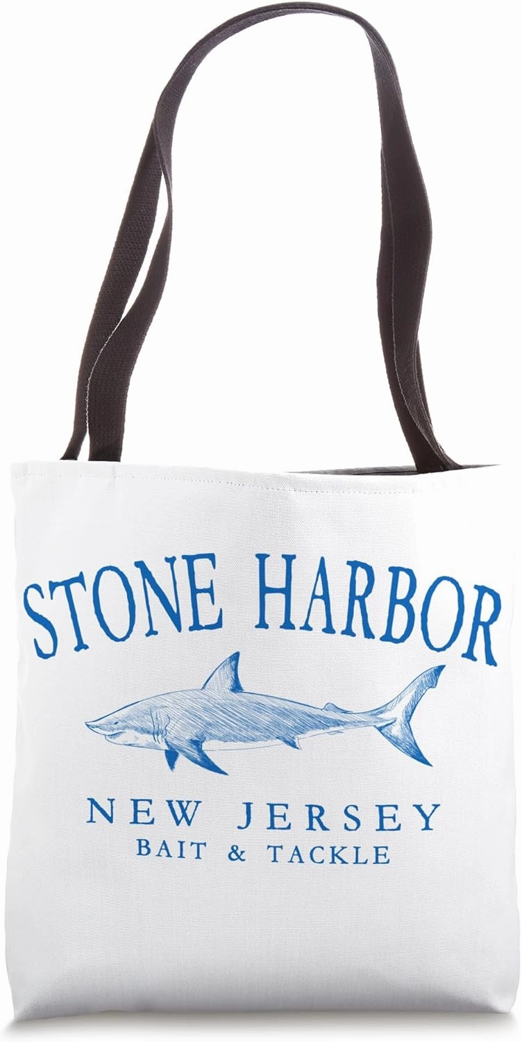 Stone Harbor New Jersey Shark Arched Blue Letters Tote Bag