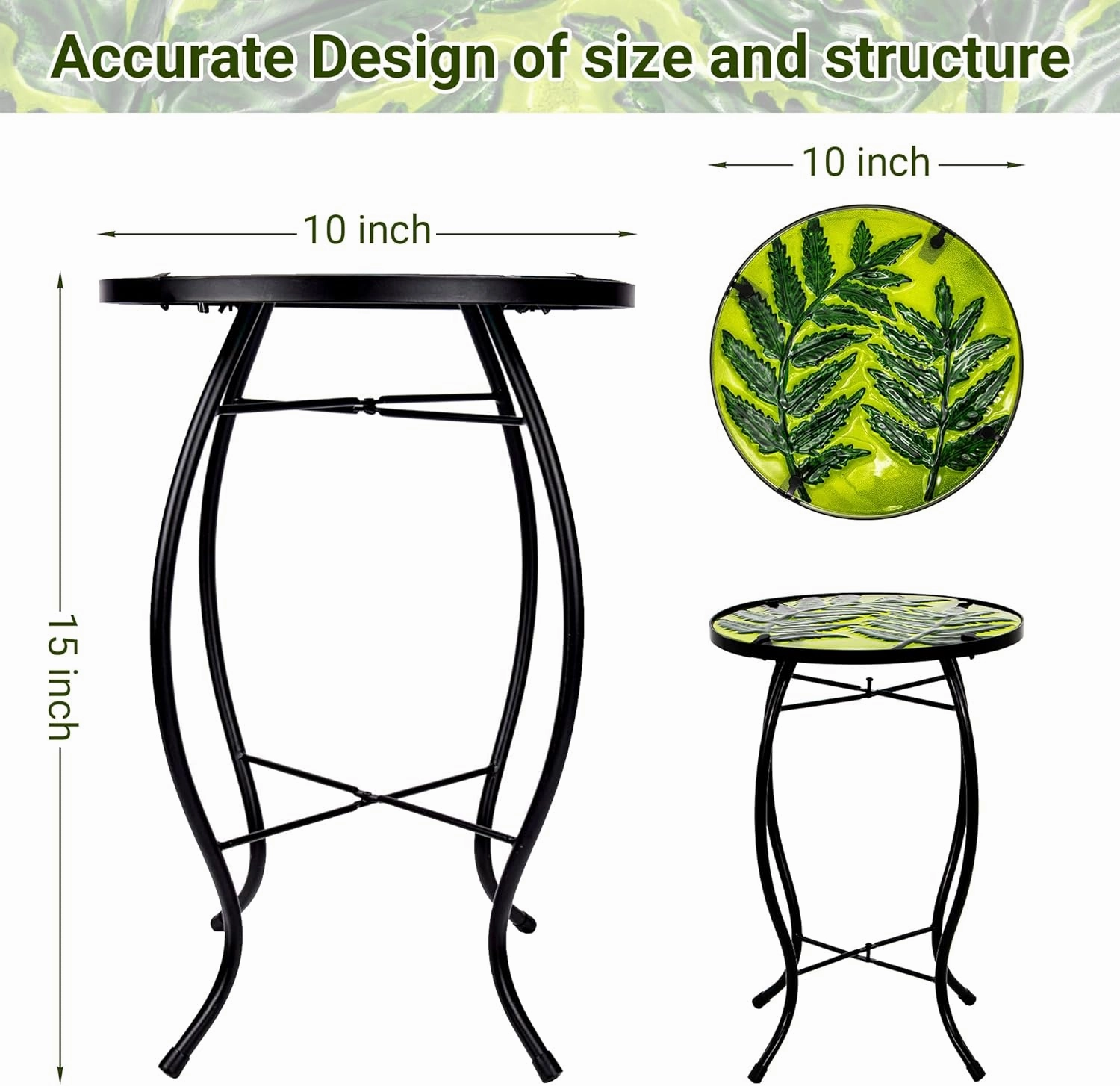 Subtropical Leaf Small Patio Table,Outdoor Side Table,Outdoor Bar Table,Metal Glass End Table for Porch Garden Yard Pool Living Room，10 Inch Circle Plant Side Table-Painted Leaf Patterns
