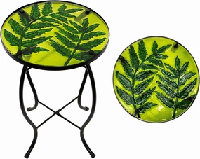 Subtropical Leaf Small Patio Table,Outdoor Side Table,Outdoor Bar Table,Metal Glass End Table for Porch Garden Yard Pool Living Room，10 Inch Circle Plant Side Table-Painted Leaf Patterns