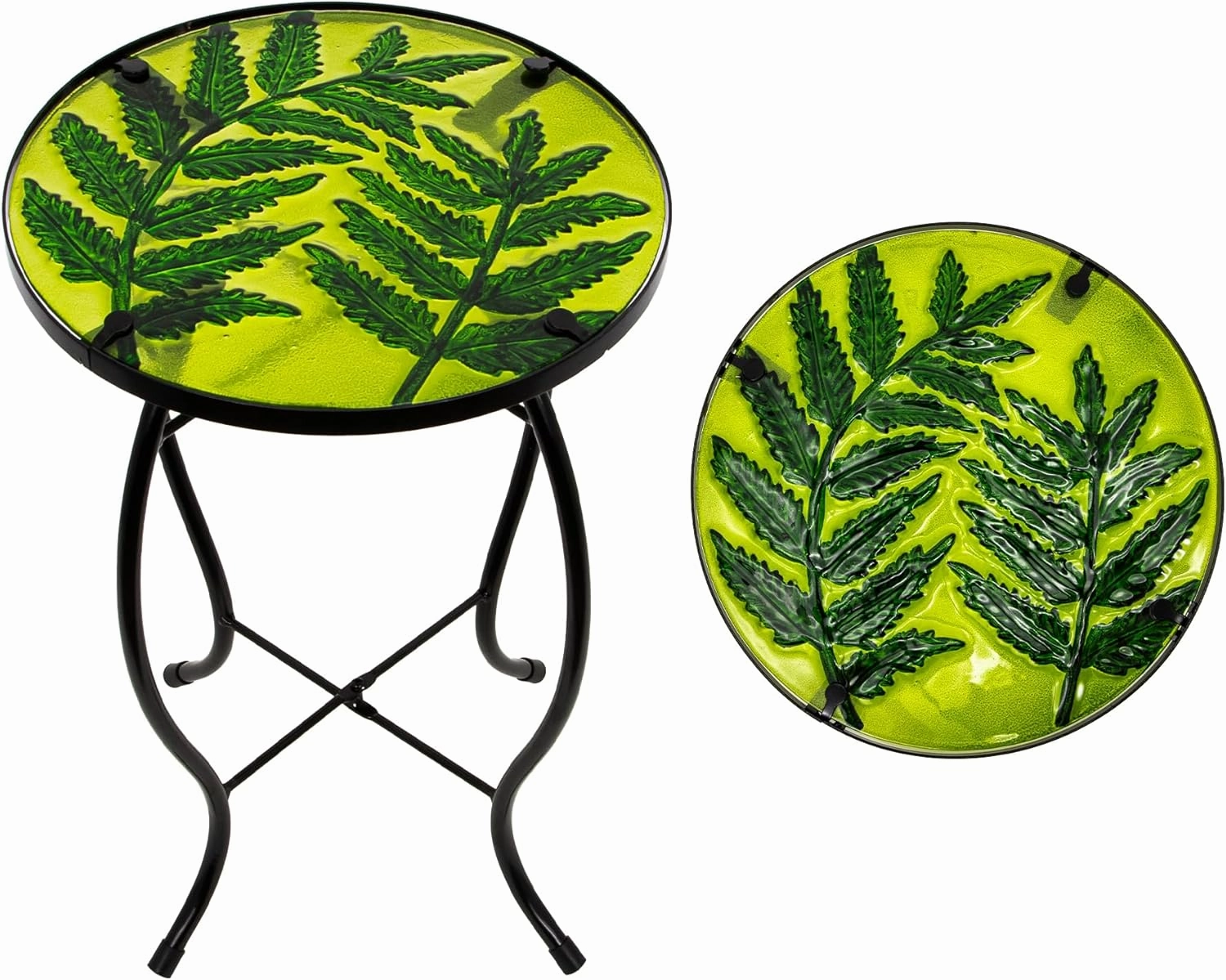 Subtropical Leaf Small Patio Table,Outdoor Side Table,Outdoor Bar Table,Metal Glass End Table for Porch Garden Yard Pool Living Room，10 Inch Circle Plant Side Table-Painted Leaf Patterns
