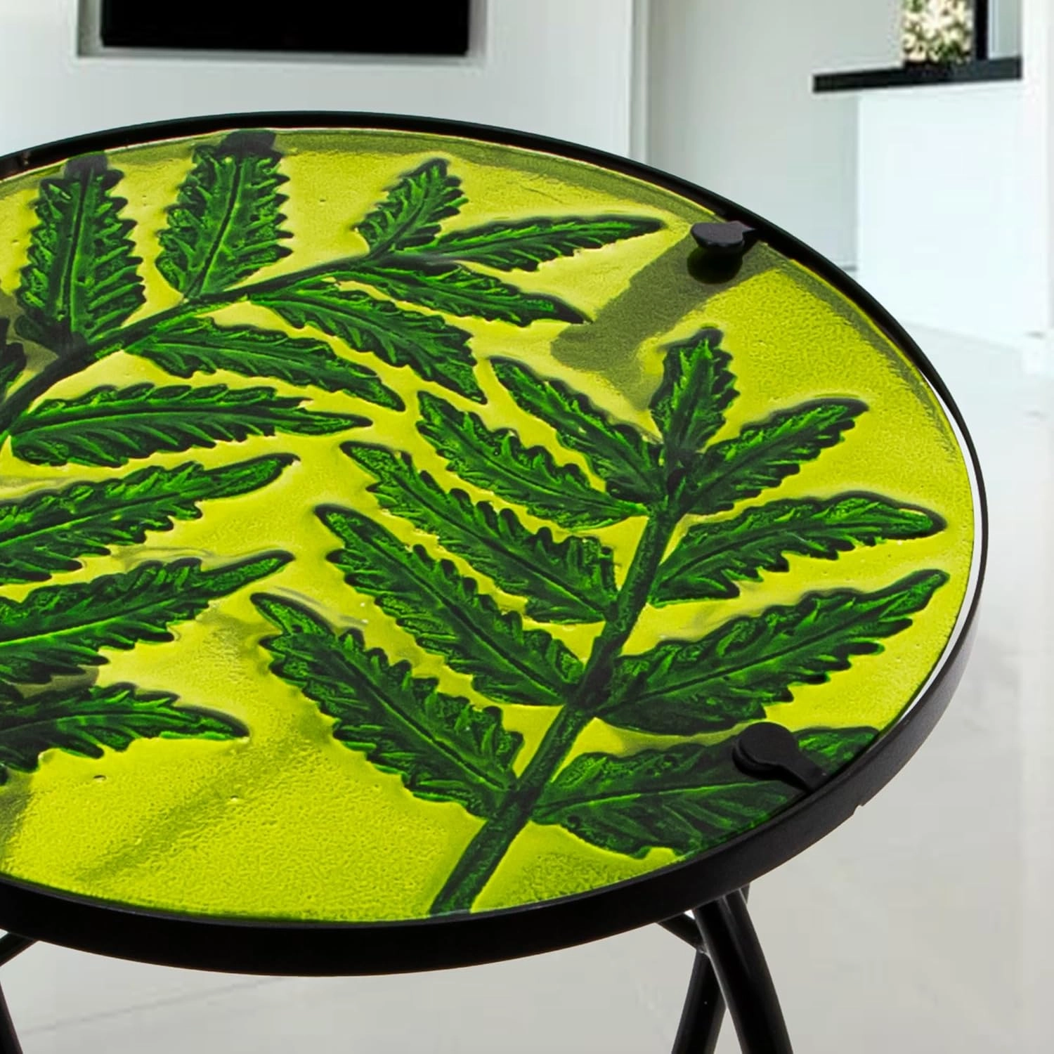 Subtropical Leaf Small Patio Table,Outdoor Side Table,Outdoor Bar Table,Metal Glass End Table for Porch Garden Yard Pool Living Room，10 Inch Circle Plant Side Table-Painted Leaf Patterns