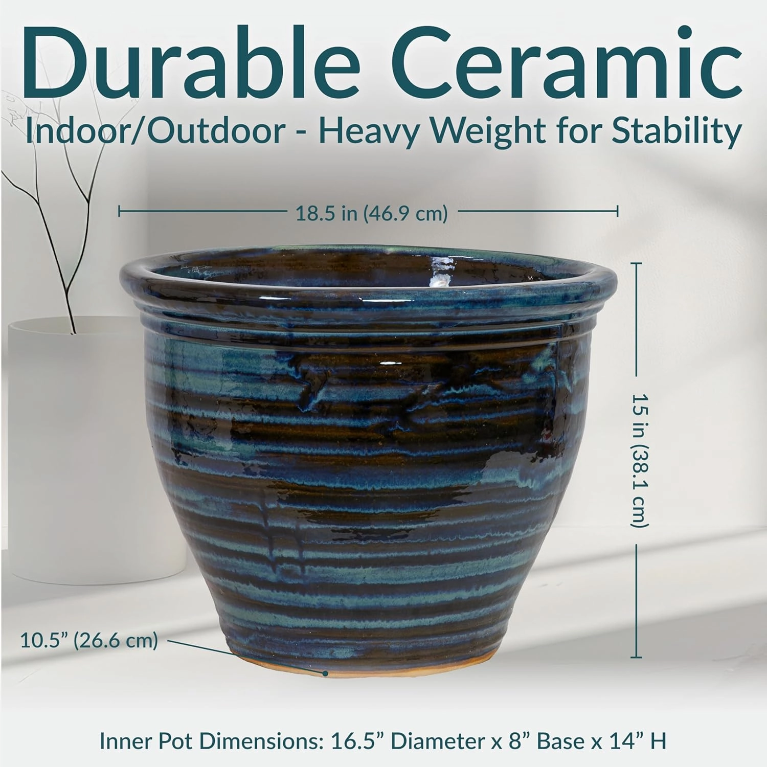 Sunnydaze 18.5" Large Ceramic Plant Pot - Round Outdoor Glazed Ceramic Planter Pot with Drainage - Galaxy Blue - Studio