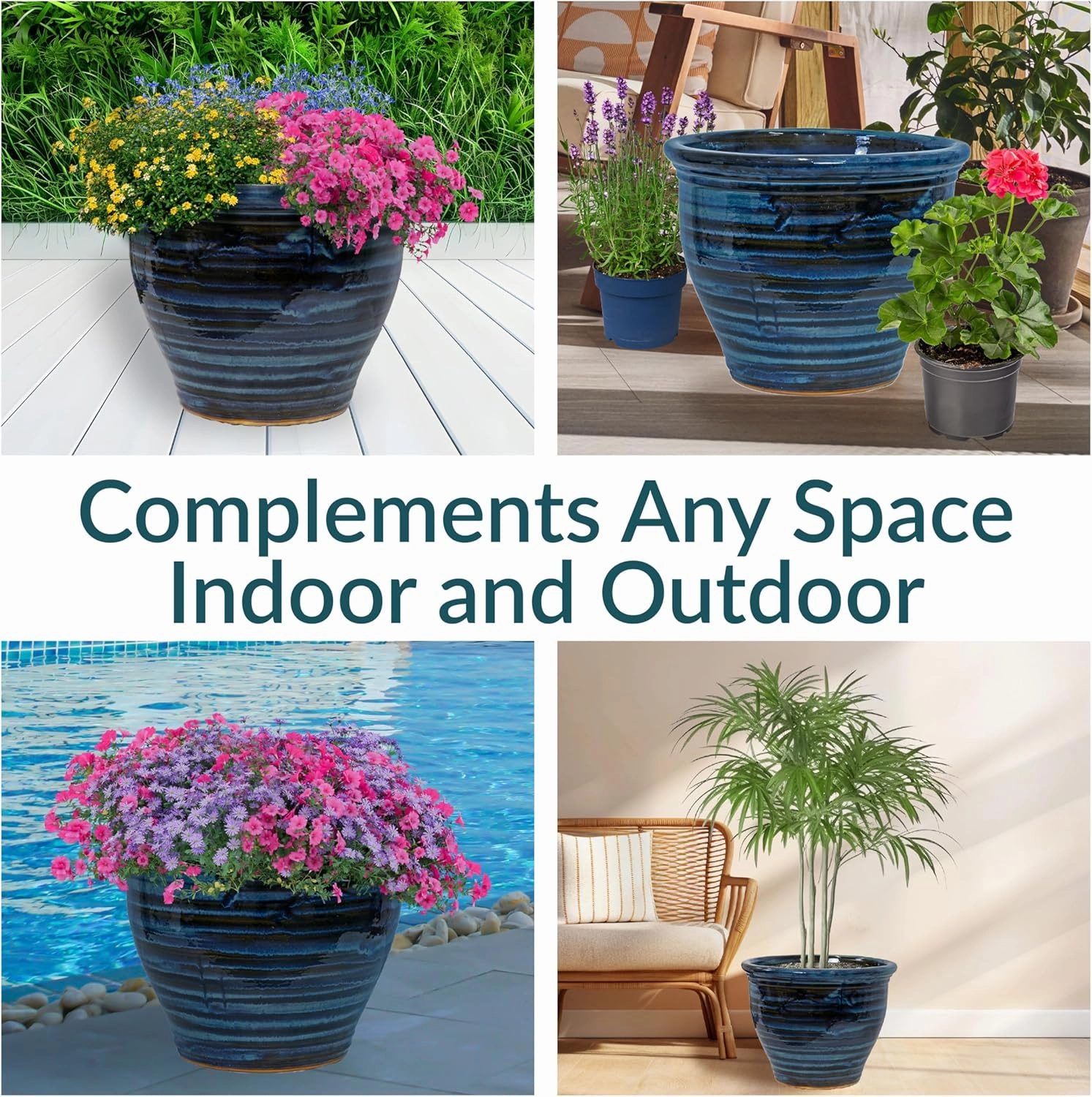 Sunnydaze 18.5" Large Ceramic Plant Pot - Round Outdoor Glazed Ceramic Planter Pot with Drainage - Galaxy Blue - Studio